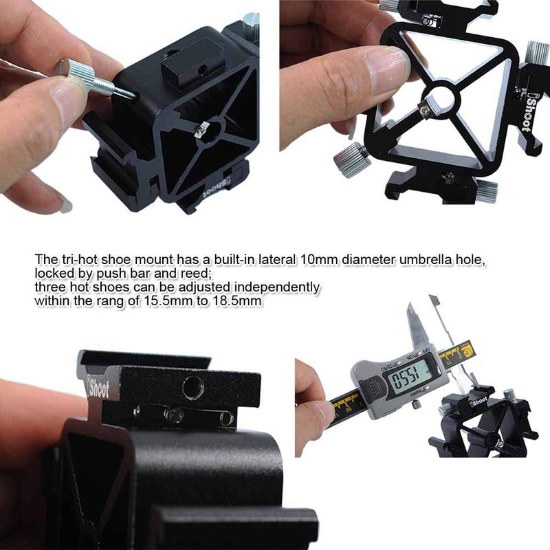 iShoot Universal 3-in-1 Tri-Hot Shoe Mount Flash Bracket Holder with 2 Umbrella Hole for Light Stand Camera Tripod Reflective Umbrella Studio Flash Soft Box Speedlite Diffuser - Image 5